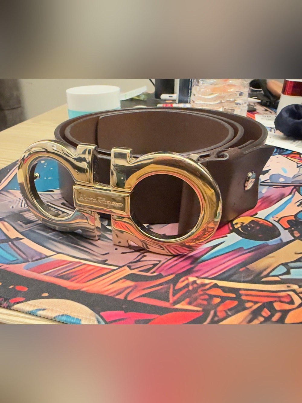 Salvatore Ferragamo Brown Leather Belt with Gold Gancini Buckle